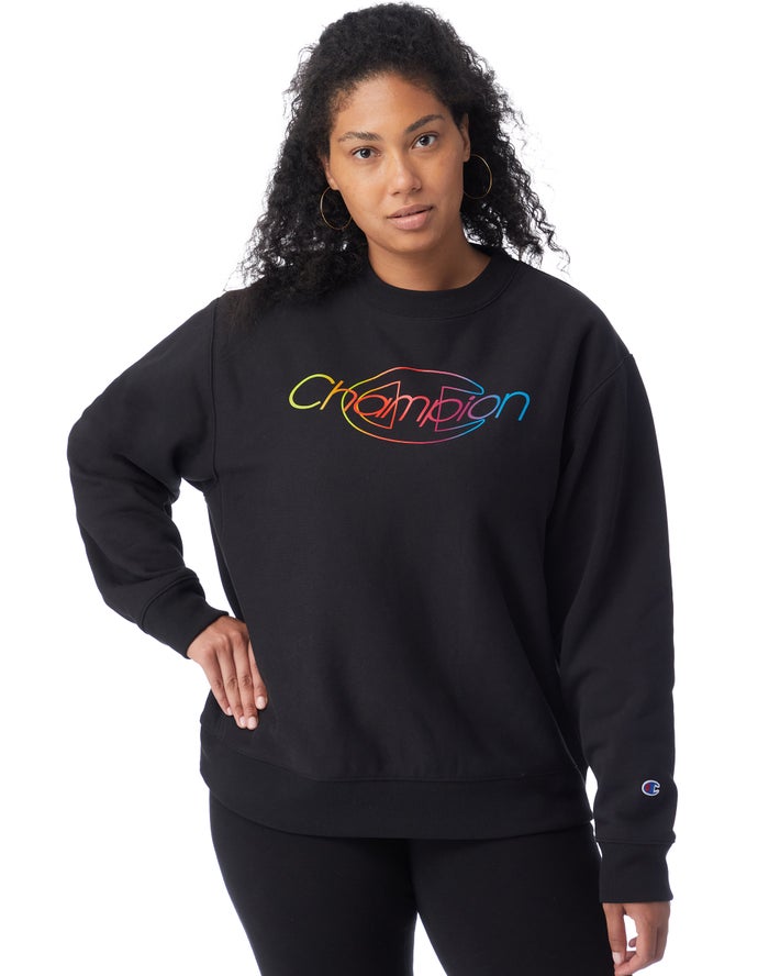 Champion Sweatshirt Dames - Zwart - Plus Reverse Weave Crew Rainbow Logo ( 954086-LOE )